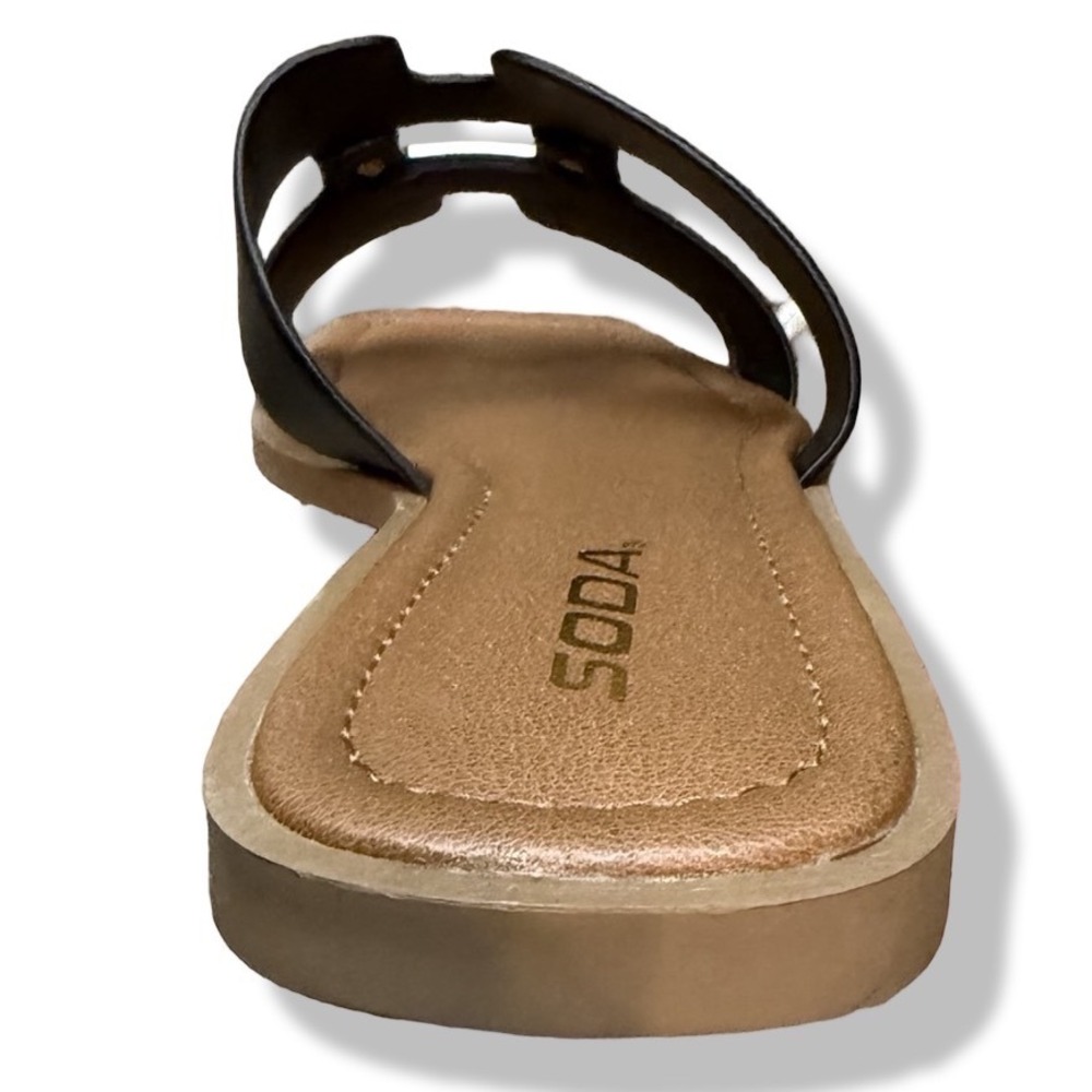 SODA FENG SANDALS Black Faux Leather Slide Gold Buckle Sz 10 - Picture 9 of 14